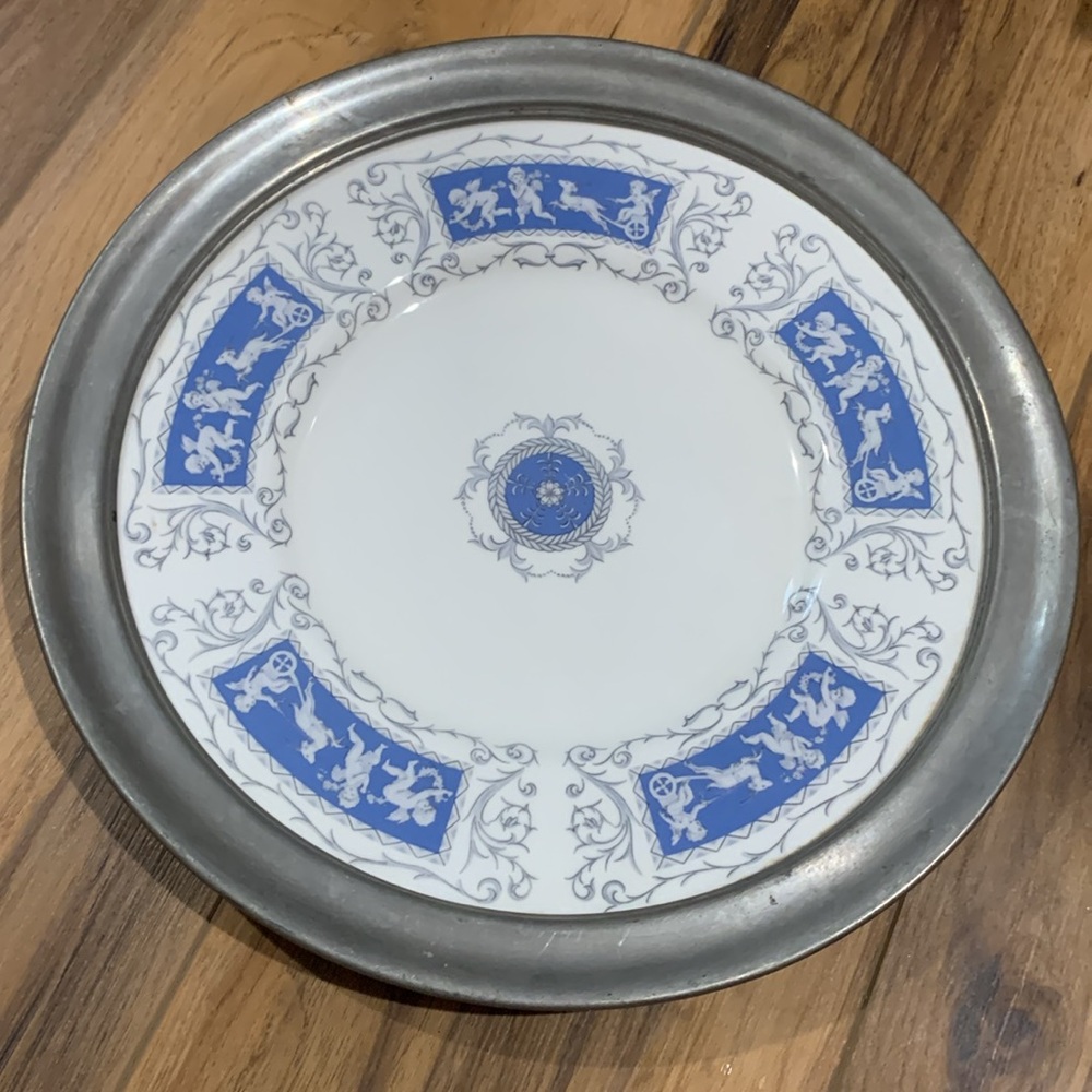 Vintage Coalport Bone China Revelry blue and white plate in aluminum casing 12”